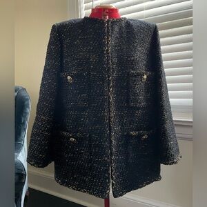 Chanel Black Gold Tweed Jacket Sz 42